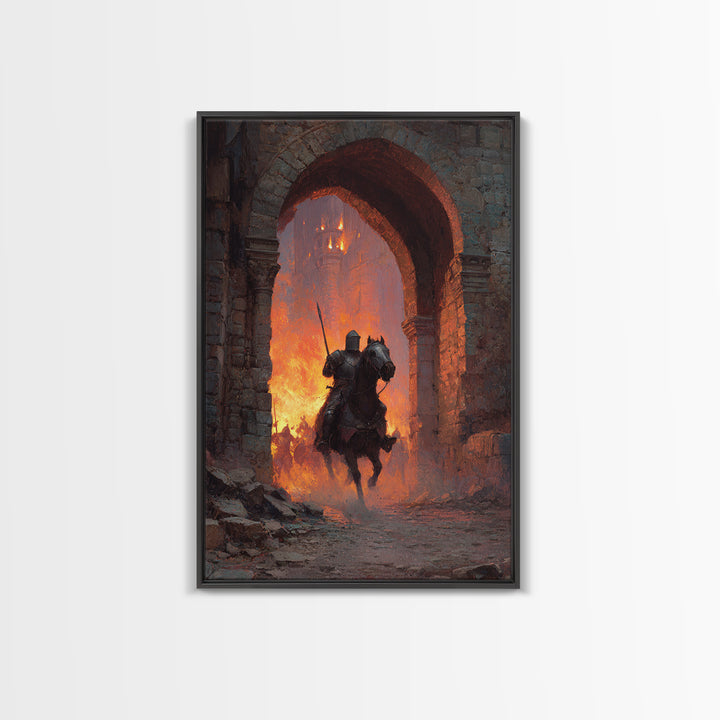 Mounted Knight Riding Through Burning Stone Arch Wall Art, Dark Fantasy Framed Canvas Print, Medieval Castle Home Decor Gift