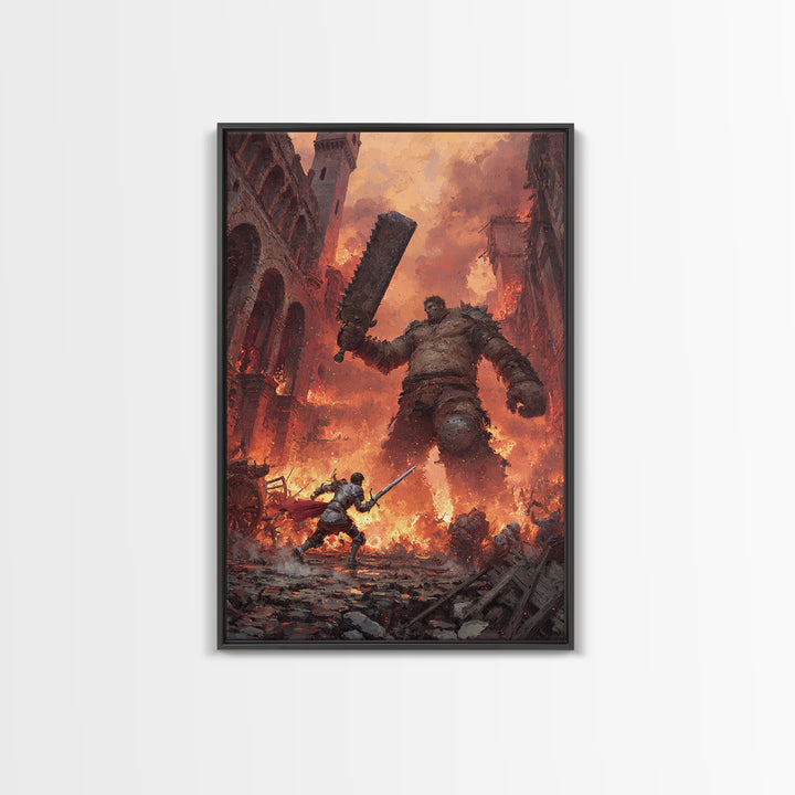 Knight Fighting Giant Ogre In Burning City Wall Art, Dark Fantasy Canvas Print, Medieval Monster Battle Game Room Decor Gift