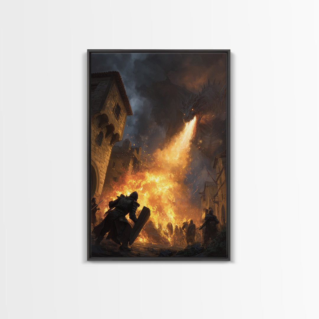 Armored Knight Before Dragon Fire In Medieval Street Wall Art, Dark Fantasy Framed Canvas Print, Castle Battle Living Room Decor