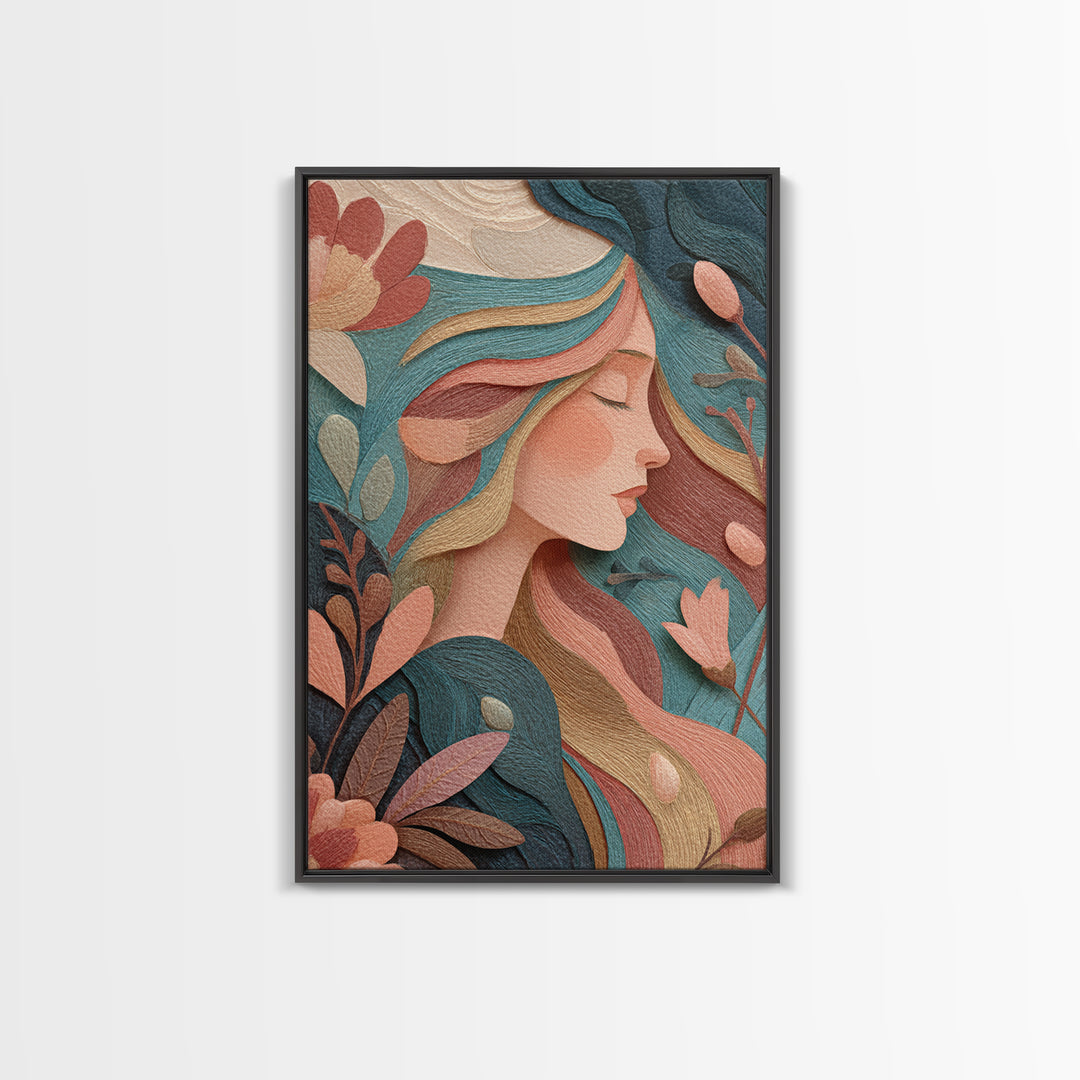 Art Nouveau Floral Woman Portrait Wall Art, Feminine Boho Canvas, Teal Peach Bedroom Decor, Elegant Gift For Her, Modern Home Decor