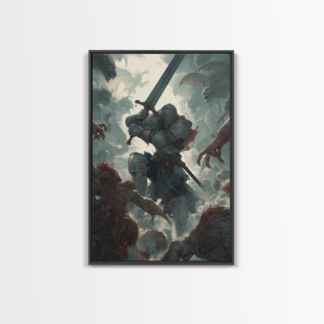 Armored Knight Battling Monsters Wall Art, Dark Fantasy Canvas Wall Decor, Gothic Warrior Artwork, Medieval Game Room Decor