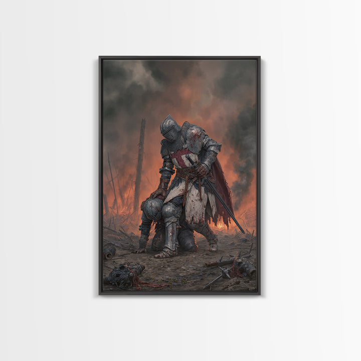 Wounded Knight In Burning Battlefield Wall Art, Dark Fantasy Medieval Canvas Decor, Gothic Warrior Print, Moody Office Artwork