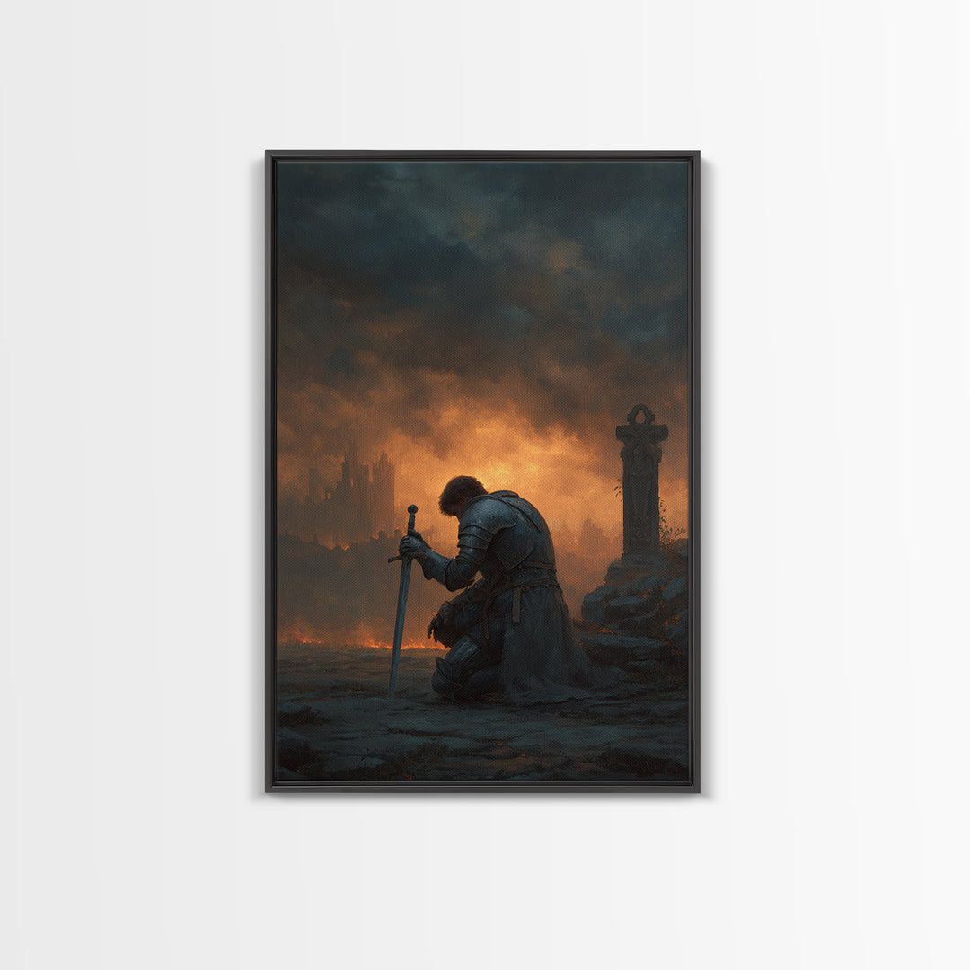 Lone Knight Kneeling At Sword Canvas Print, Dark Fantasy Medieval Wall Decor, Gothic Castle Ruins, Moody Office Art, Statement Artwork