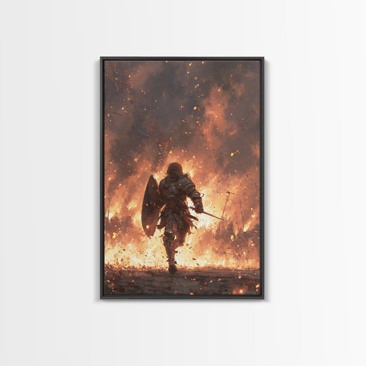 Knight Running Through Fire Wall Art, Dark Fantasy Medieval Battle Print, Gothic Warrior Canvas Decor, Dramatic Game Room Art