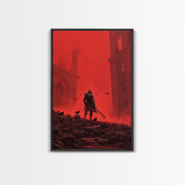 Knight In Crimson Ruins Wall Art, Dark Fantasy Red Gothic Print, Medieval Warrior Decor, Crows And Skulls, Bold Wall Decor