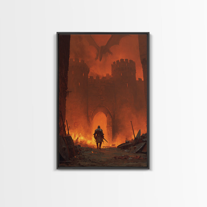 Knight At Burning Castle Gate Wall Art, Dark Fantasy Dragon Print, Medieval Warrior Decor, Gothic Game Room Artwork Gift