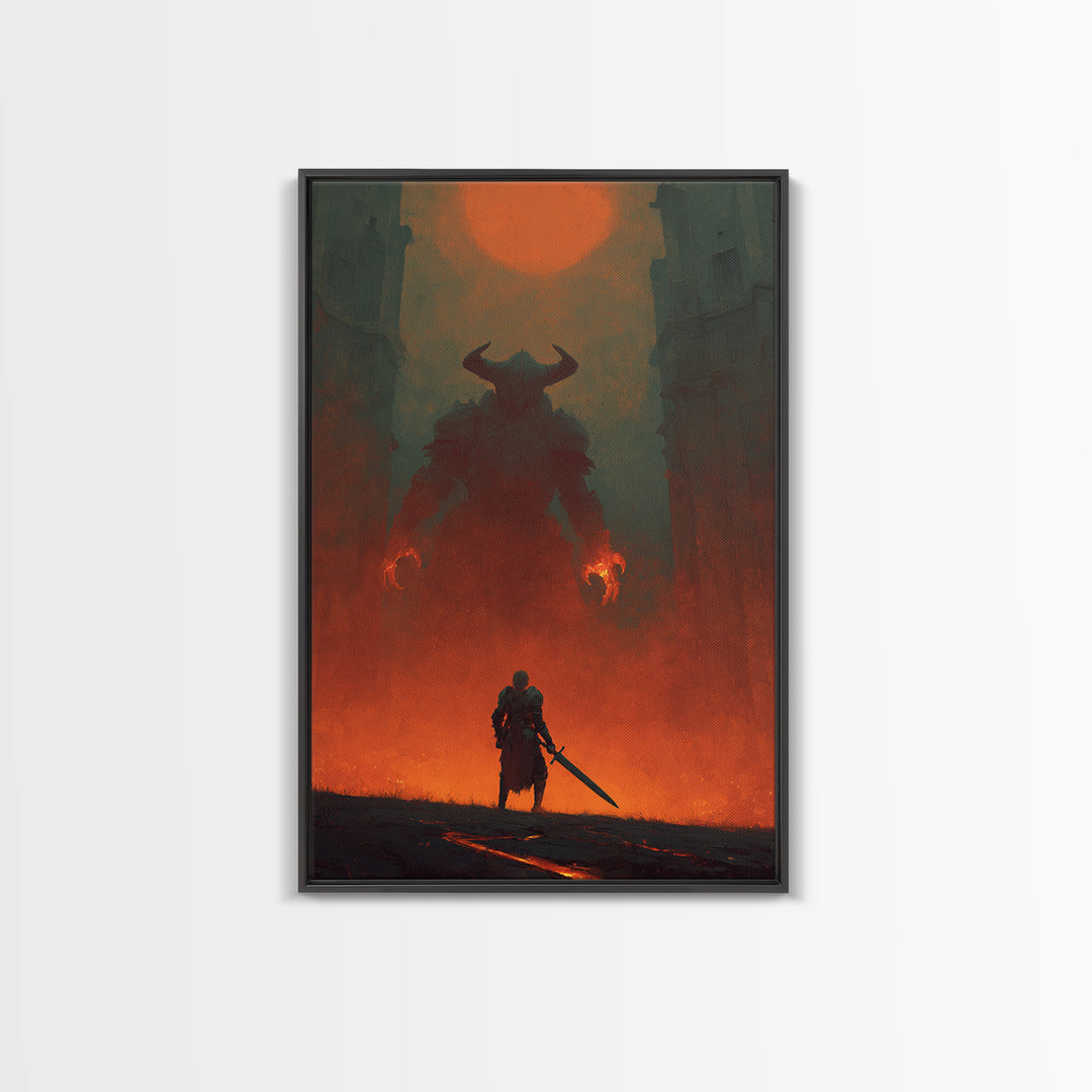 Knight Facing Horned Demon Canvas Print, Dark Fantasy Red Moon Wall Decor, Gothic Monster Art, Epic Game Room Artwork Gift