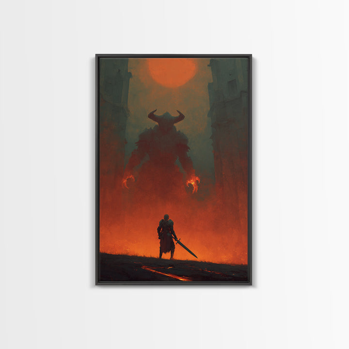 Knight Facing Horned Demon Canvas Print, Dark Fantasy Red Moon Wall Decor, Gothic Monster Art, Epic Game Room Artwork Gift