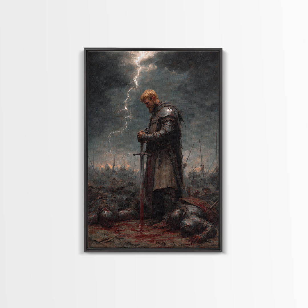 Blond Knight Praying In Storm Wall Art, Dark Fantasy Medieval Battle Print, Gothic Warrior Decor, Moody Masculine Office Art