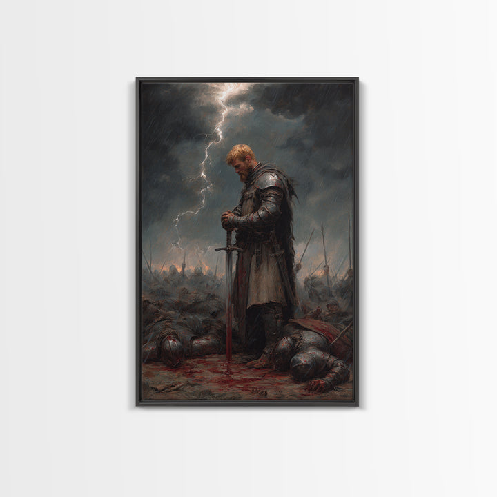 Blond Knight Praying In Storm Wall Art, Dark Fantasy Medieval Battle Print, Gothic Warrior Decor, Moody Masculine Office Art