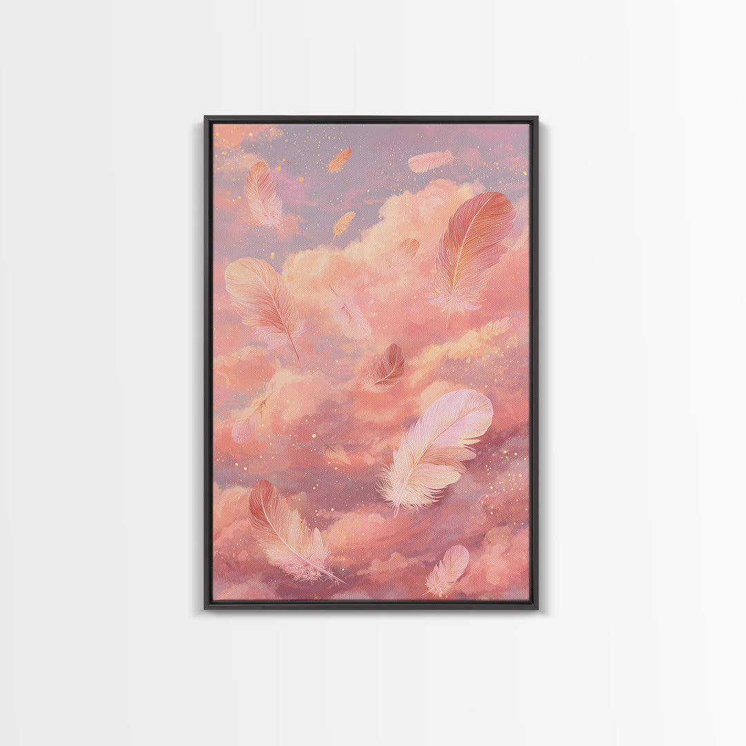 Pink Feather Cloud Canvas Print, Dreamy Celestial Sky Art, Pastel Nursery Decor, Whimsical Bedroom Wall Decor Gift For Her