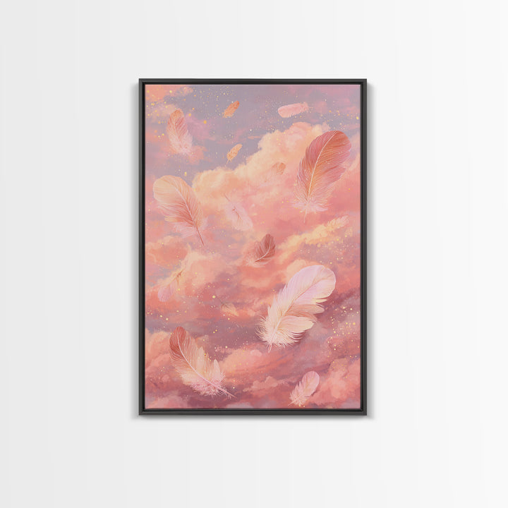 Pink Feather Cloud Canvas Print, Dreamy Celestial Sky Art, Pastel Nursery Decor, Whimsical Bedroom Wall Decor Gift For Her