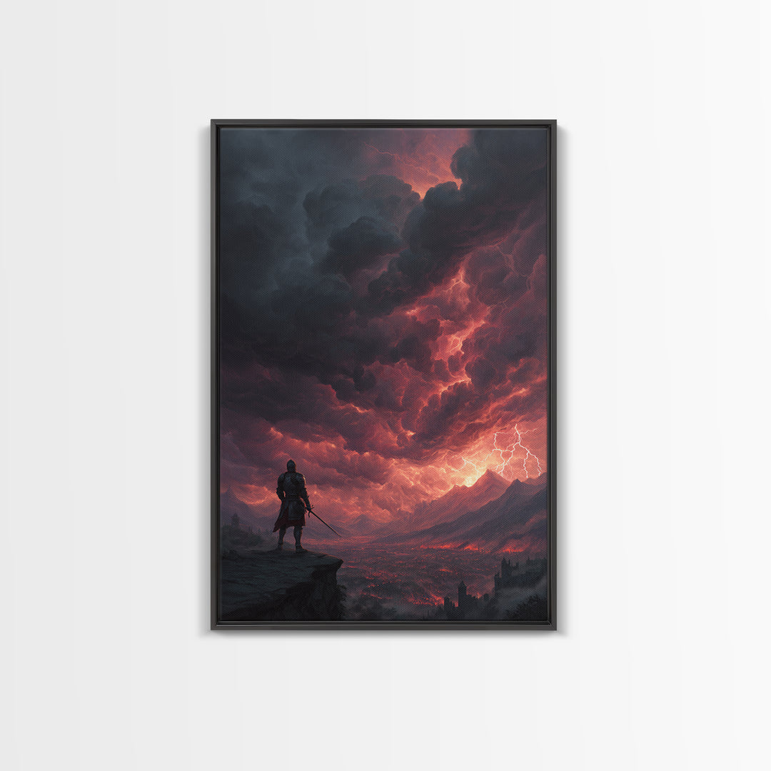 Lone Warrior Under Crimson Lightning Storm Wall Art, Dark Fantasy Landscape, Medieval Castle Decor, Dramatic Gothic Poster