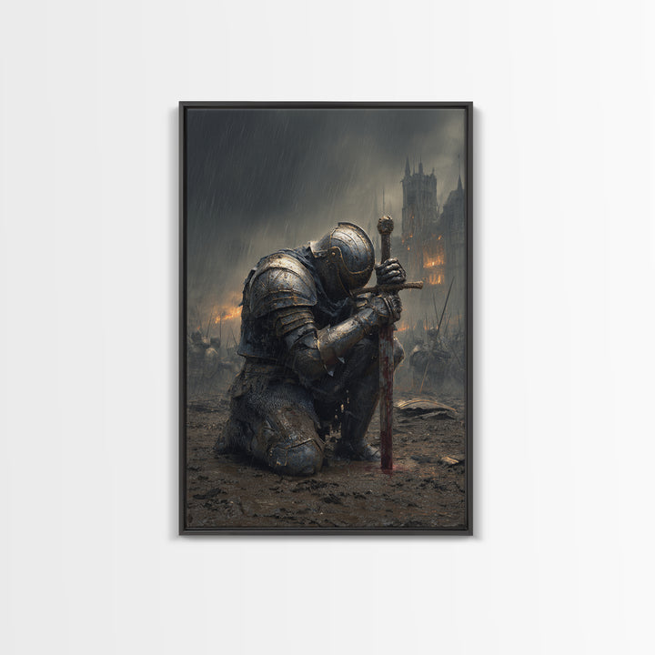Kneeling Knight In Rainy Battlefield Framed Canvas Print, Dark Medieval Wall Decor, Gothic Castle Art, Gift For Him, Office Decor