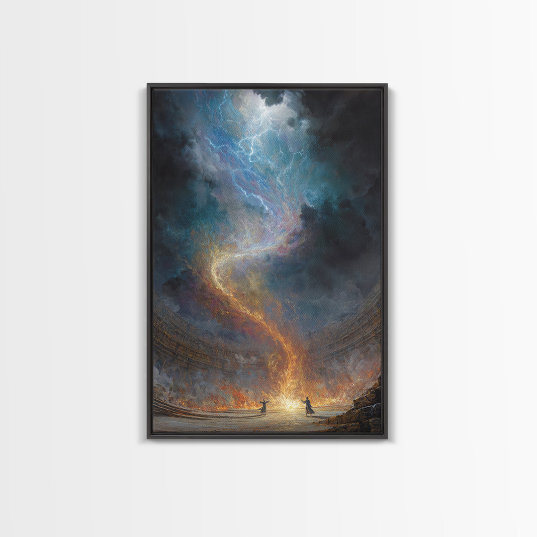Celestial Firestorm Vortex In Ancient Arena Canvas Print, Epic Fantasy Wall Art, Cosmic Lightning Decor, Dramatic Poster