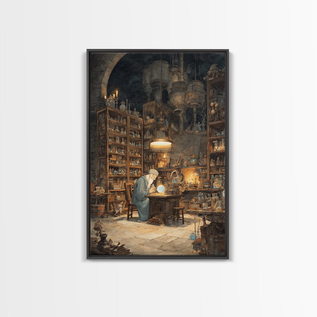 Moonlit Alchemist Workshop With Glowing Orb Wall Art, Dark Academia Decor, Fantasy Library Print, Whimsical Office Poster