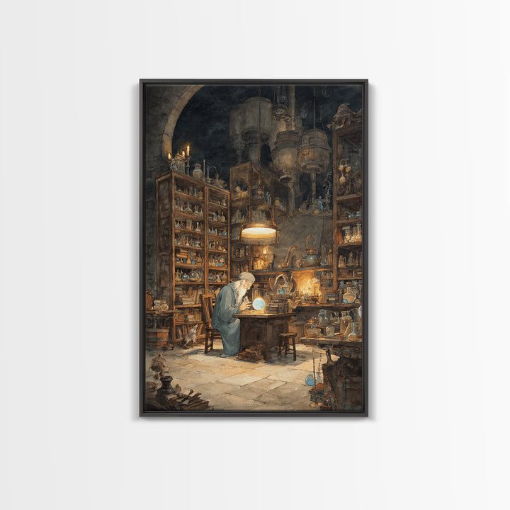 Moonlit Alchemist Workshop With Glowing Orb Wall Art, Dark Academia Decor, Fantasy Library Print, Whimsical Office Poster