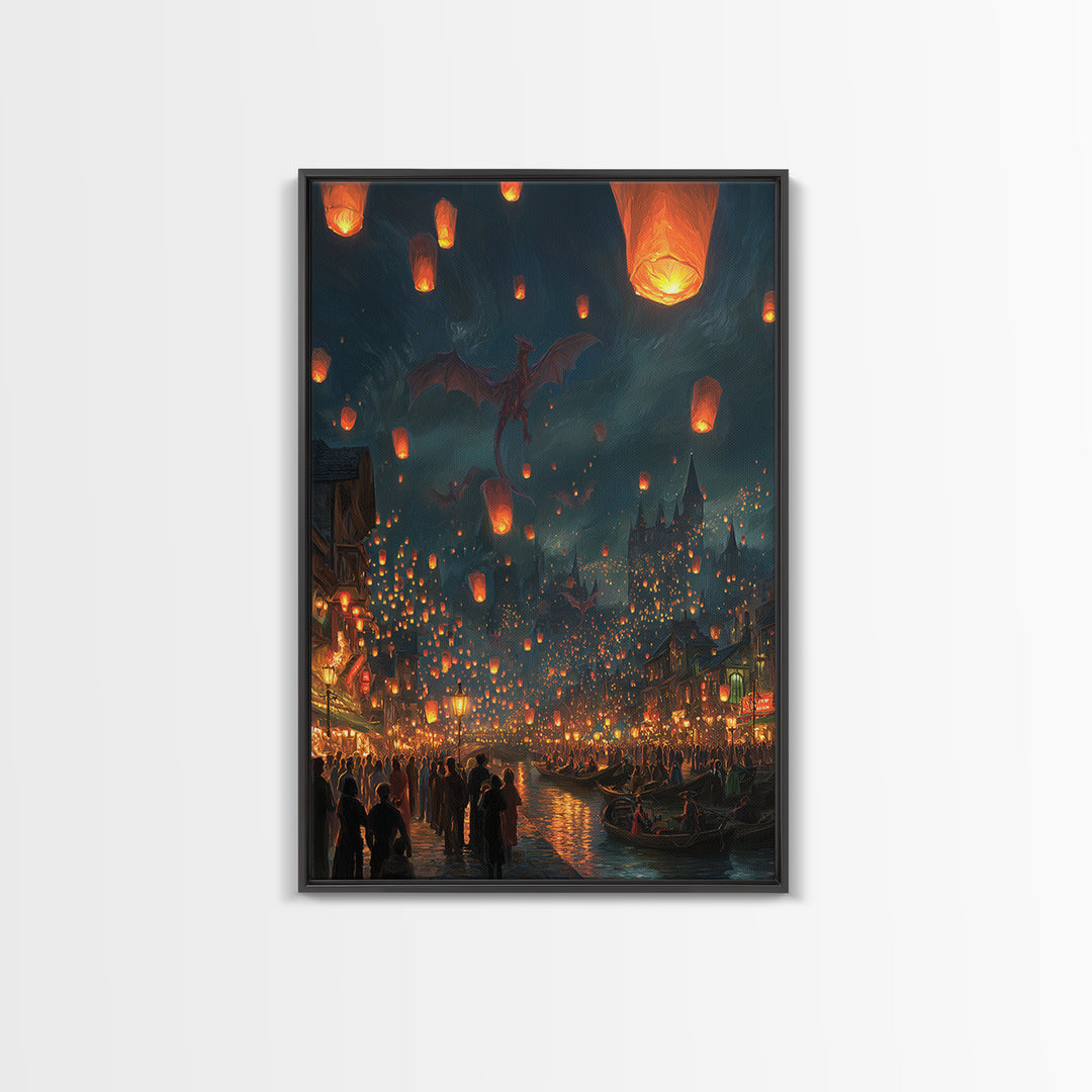 Dragon Lantern Festival Over Medieval Harbor Framed Canvas Print, Fantasy Wall Art, Magical City Decor, Whimsical Poster