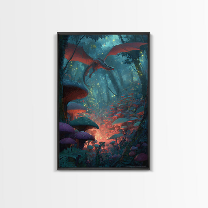 Red Dragon In Glowing Mushroom Forest Canvas Print, Enchanted Fantasy Wall Art, Woodland Nursery Decor, Magical Poster, Kids Room Art