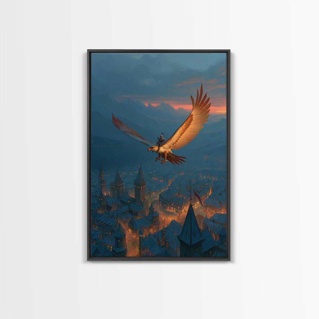 Giant Eagle Rider Over Snowy Fantasy City Framed Canvas Print, Magical Wall Art, Winter Castle Decor, Adventure Poster, Kids Room Art