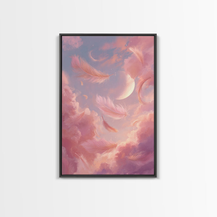 Crescent Moon Feather Wall Art, Pink Cloud Celestial Canvas, Dreamy Nursery Decor, Whimsical Bedroom Print Gift For Her, Pastel Decor