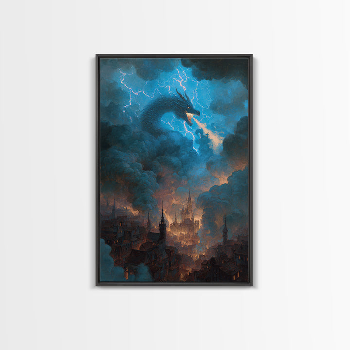 Storm Dragon Above Smoky Gothic City Wall Art, Electric Blue Fantasy Canvas Print, Dark Academia Decor, Epic Monster Artwork