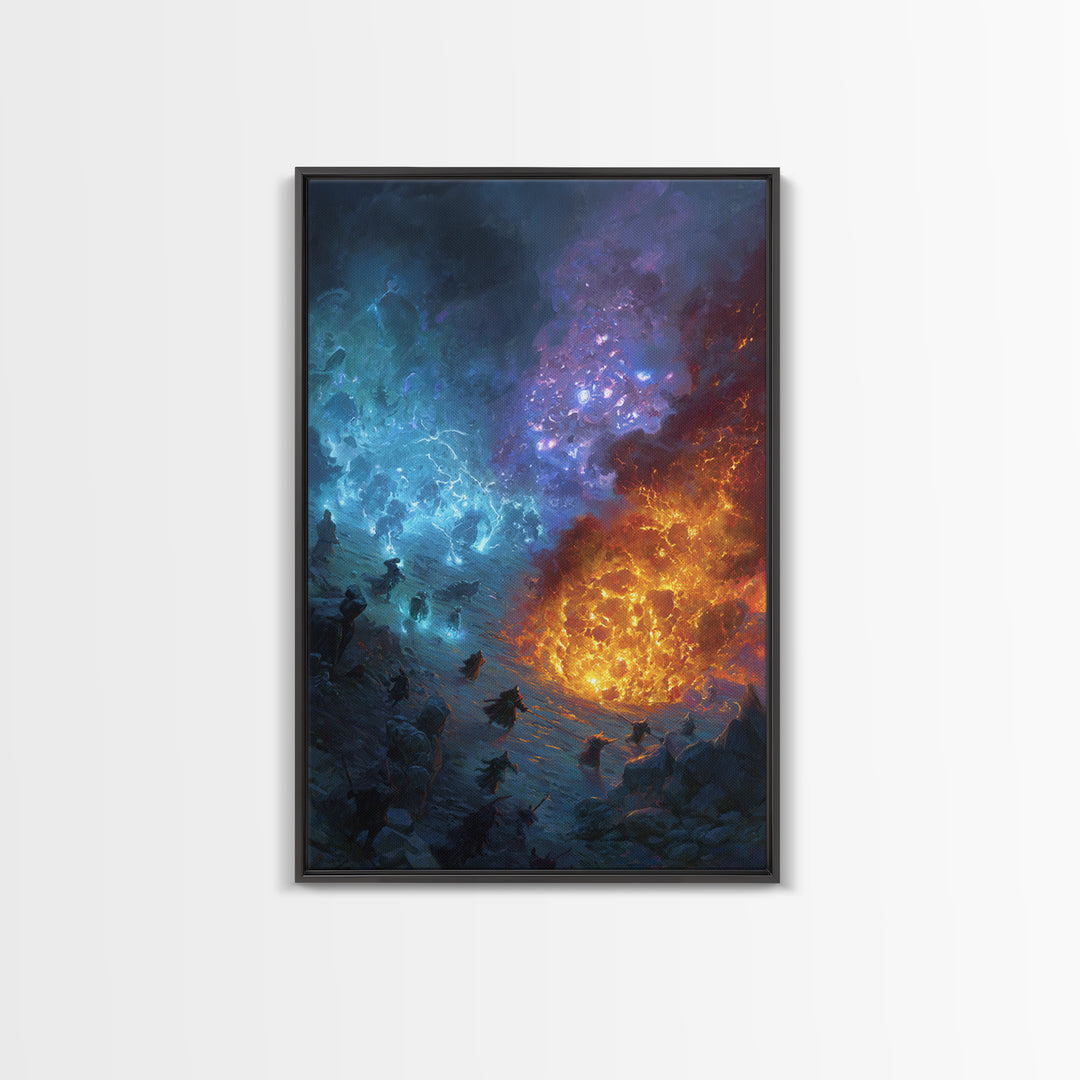 Elemental Fire And Ice Battle Wall Art, Epic Fantasy Canvas Print, Surreal Magic Landscape, Dramatic Warrior Decor, Adventure Artwork