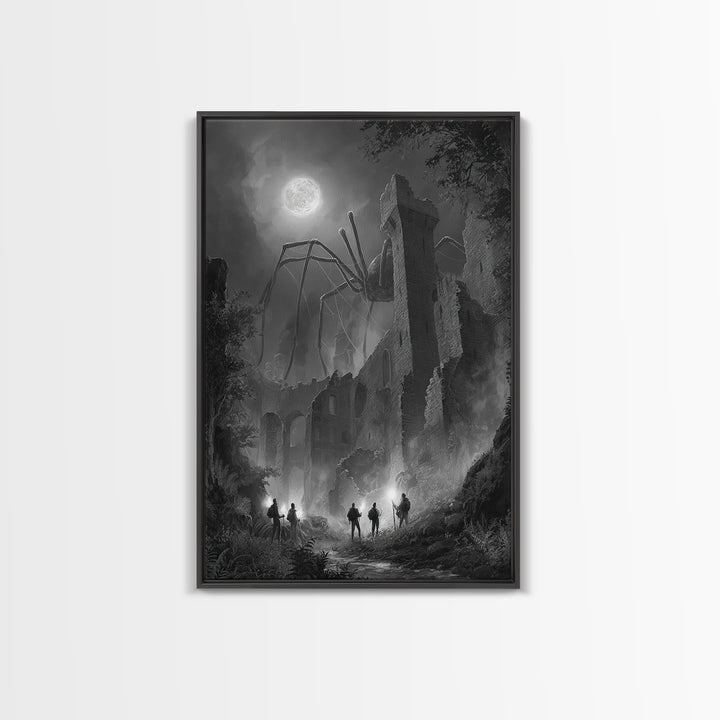 Giant Spider Haunting Moonlit Ruins Wall Art, Black And White Framed Canvas Print, Gothic Horror Decor, Creepy Fantasy Art