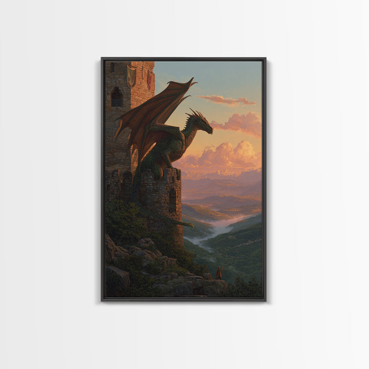 Green Dragon Guarding Mountain Castle Wall Art, Epic Fantasy Canvas Print, Medieval Valley Landscape, Statement Home Decor