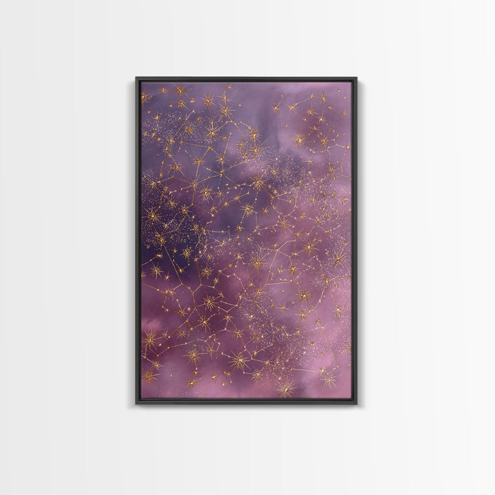 Gold Constellation Wall Art, Purple Astrology Sky Canvas, Celestial Zodiac Decor, Mystical Star Map Print For Bedroom Decor