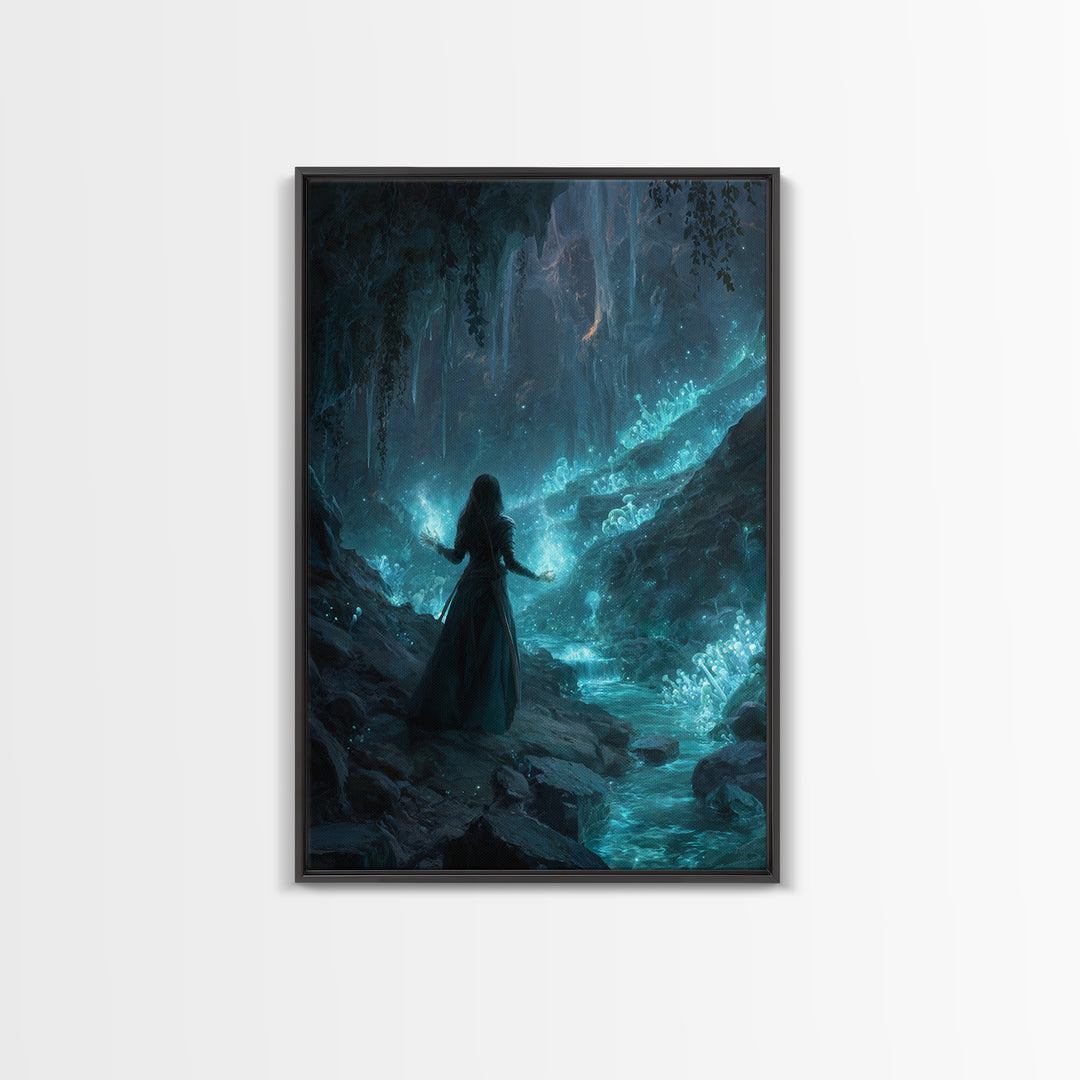 Glowing Crystal Cavern Sorceress Wall Art, Fantasy Art Print, Mystical Blue Cave Decor, Witchy Home Decor Gift For Her, Room Decor