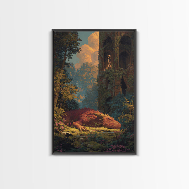 Sleeping Golden Dragon In Overgrown Ruins Canvas Print, Fantasy Wall Decor, Dragon Art, Storybook Castle Home Decor, Housewarming Gift