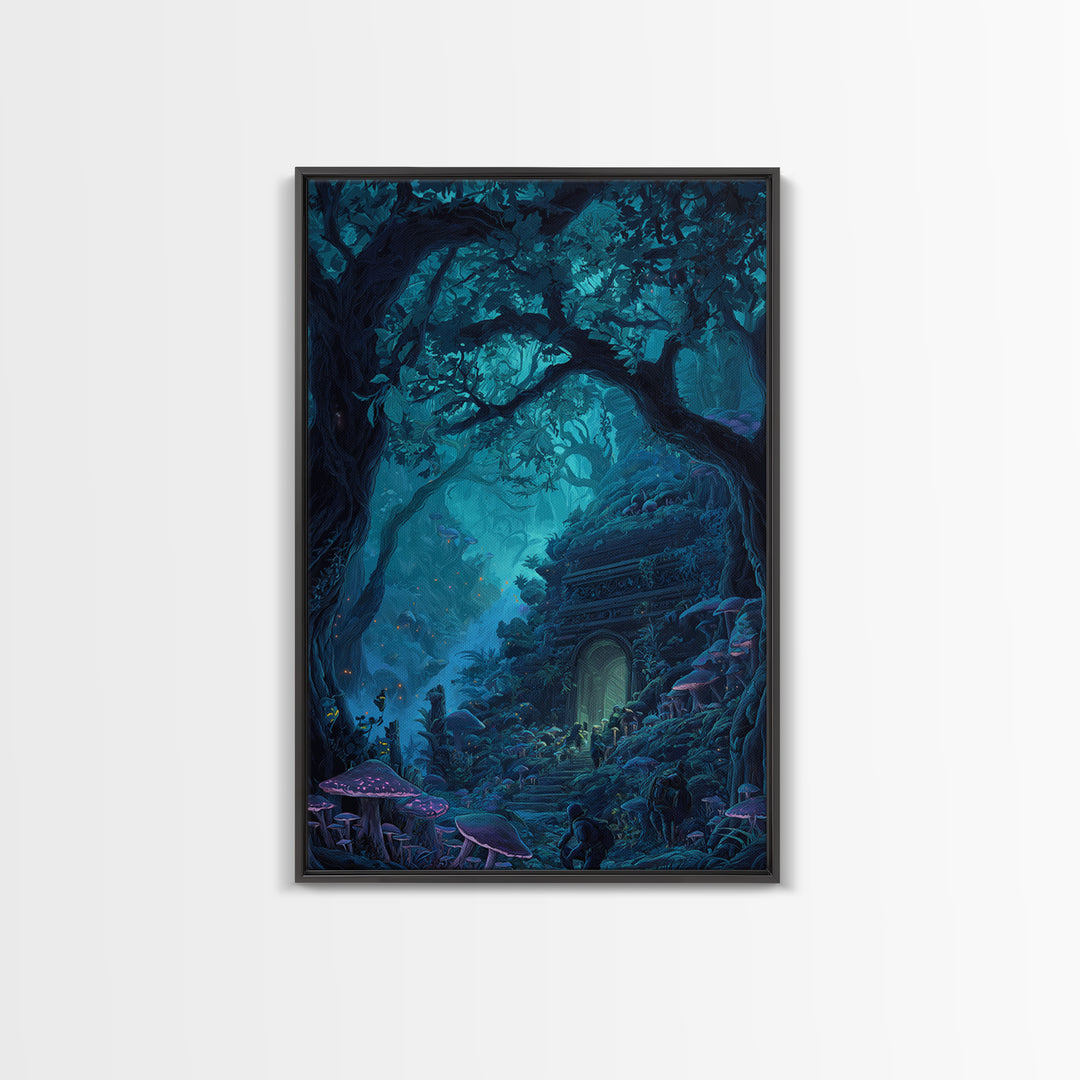 Enchanted Blue Forest Door Framed Canvas Print, Mushroom Wall Art, Fantasy Woodland Decor, Magical Library Art Print, Gift For Her