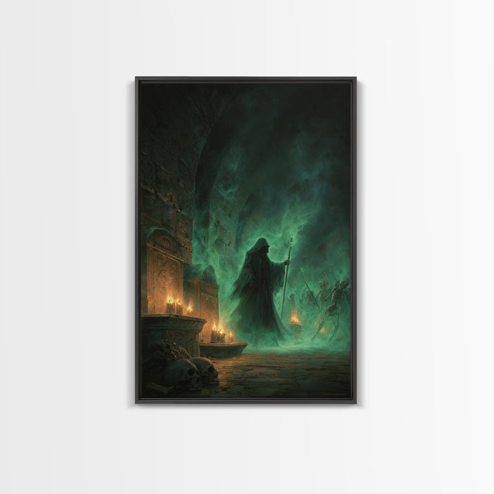 Green Necromancer Dungeon Wall Art, Dark Fantasy Canvas Print, Skeleton Gothic Decor, Witchy Macabre Home Decor, Gift For Him