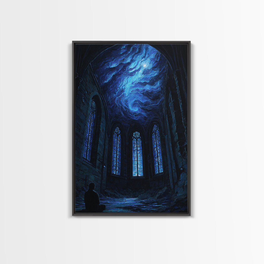 Blue Cosmic Chapel Ruins Canvas Print, Celestial Wall Art, Gothic Architecture Decor, Dark Academia Fantasy Art Print, Home Decor