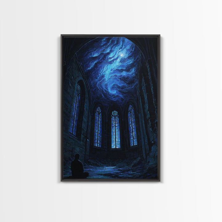 Blue Cosmic Chapel Ruins Canvas Print, Celestial Wall Art, Gothic Architecture Decor, Dark Academia Fantasy Art Print, Home Decor