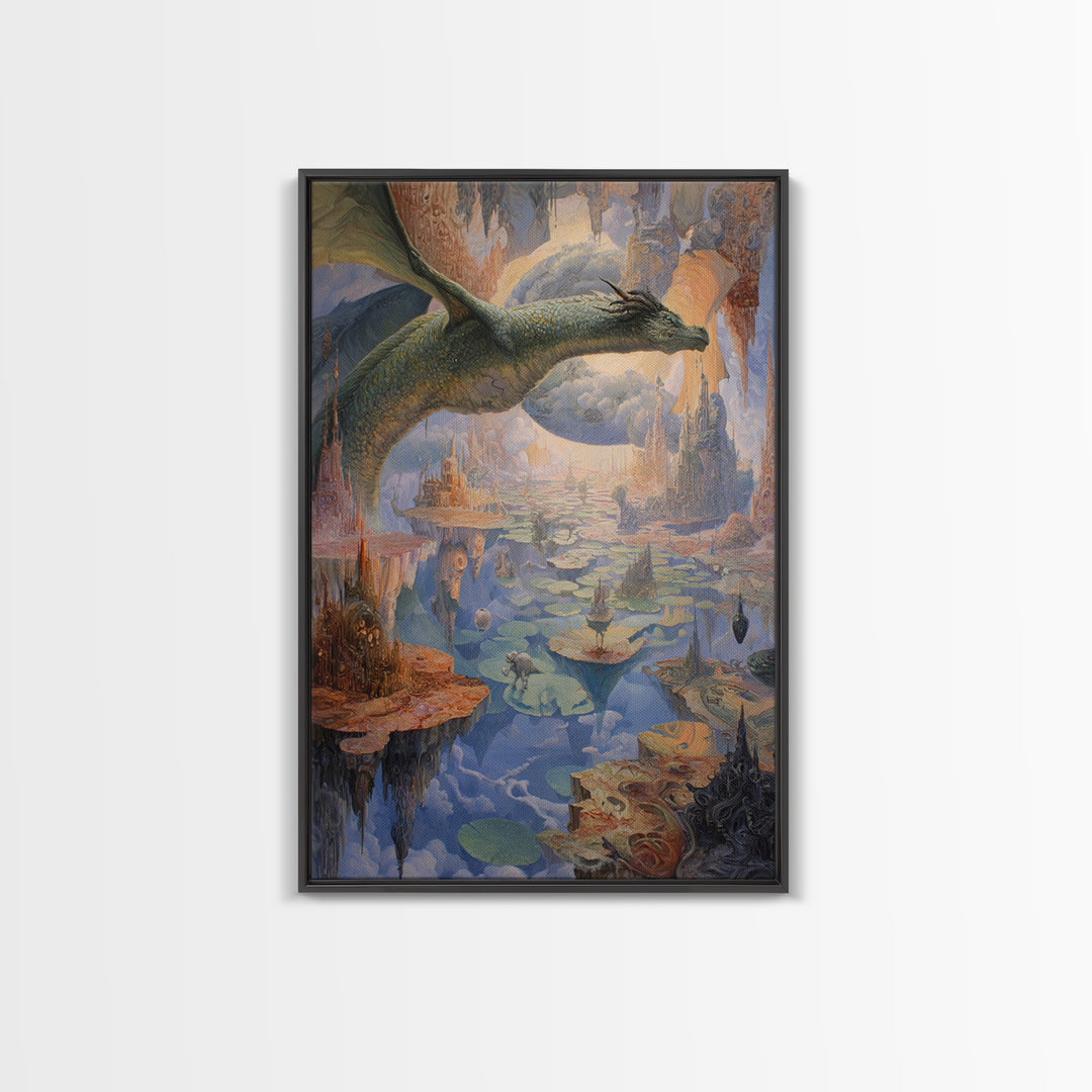 Giant Dragon Over Floating Kingdom Canvas Print, Fantasy Wall Art, Surreal Castle Landscape, Dreamy Storybook Decor, Gift For Her