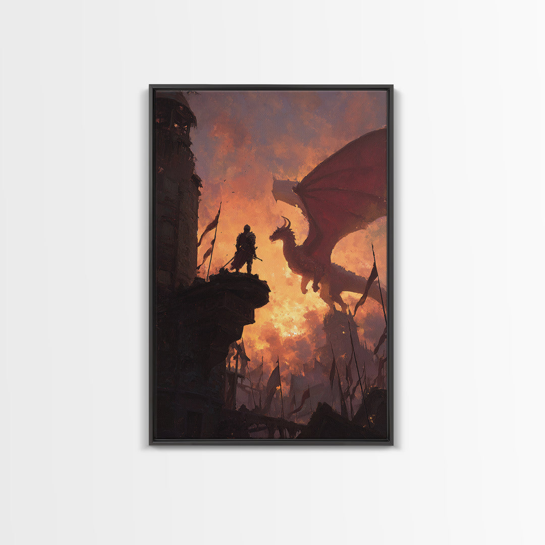 Knight Facing Red Dragon Wall Art, Epic Fantasy Canvas Print, Medieval Castle Decor, Dragon Artwork Gift For Him, Living Room Decor