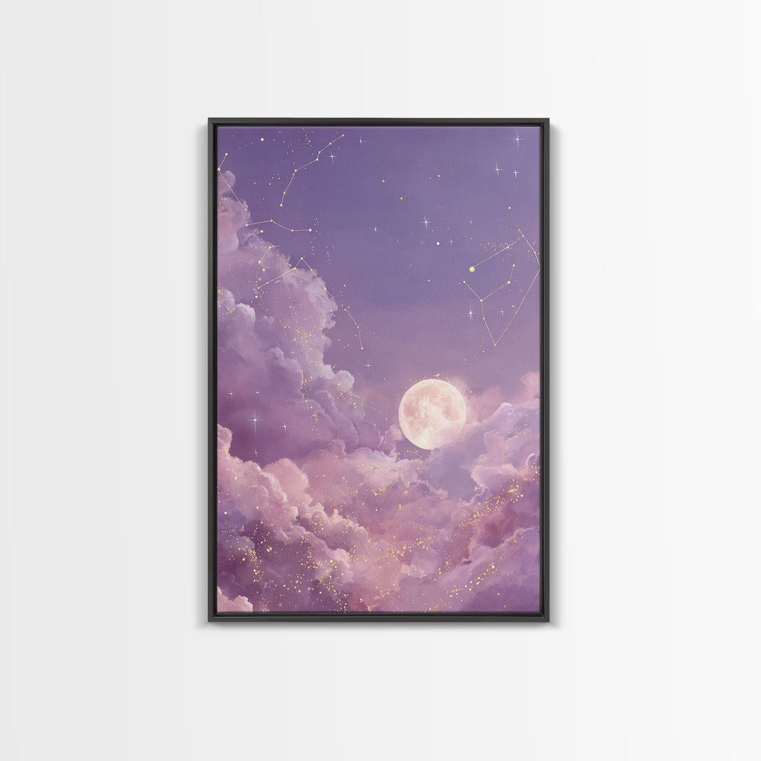 Full Moon Cloud Canvas Print, Lavender Celestial Sky Art, Zodiac Constellation Decor, Dreamy Nursery Wall Art For Bedroom