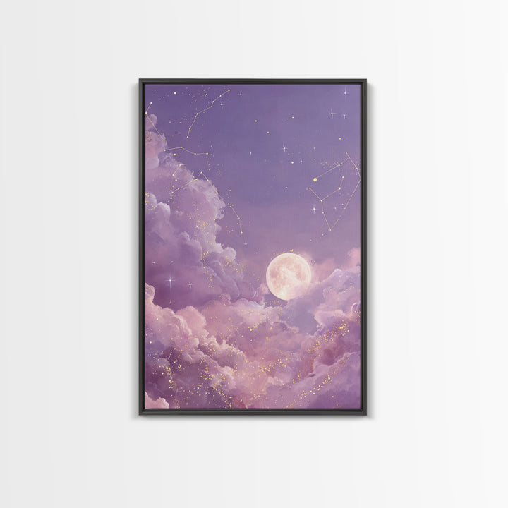 Full Moon Cloud Canvas Print, Lavender Celestial Sky Art, Zodiac Constellation Decor, Dreamy Nursery Wall Art For Bedroom