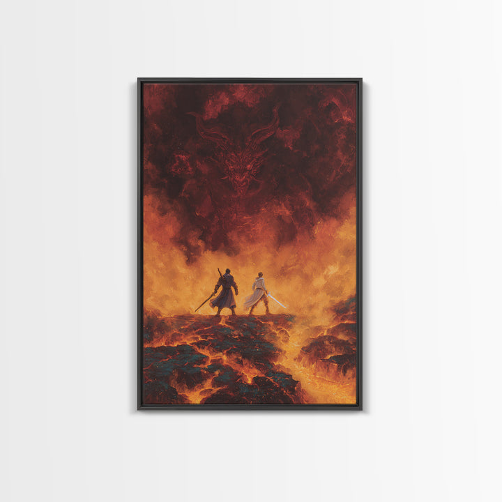 Fiery Demon And Lava Warriors Wall Art, Dark Fantasy Battle Canvas, Gothic Game Room Decor, Epic Dragon Gift For Him, Large Print