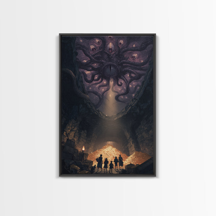 Eldritch Many Eyed Monster Framed Canvas Print, Dark Fantasy Cave Treasure Wall Decor, Gothic Horror Art For Game Room Gift