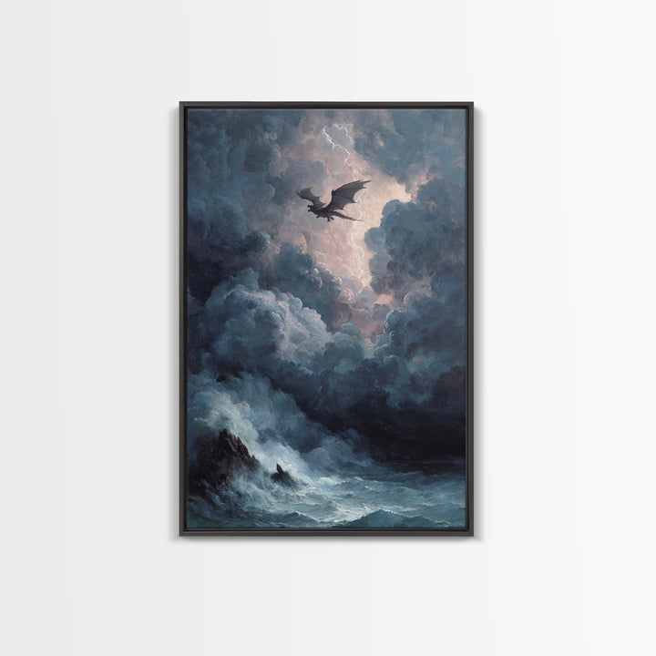 Storm Dragon Over Dark Ocean Wall Art, Gothic Fantasy Canvas Print, Moody Seascape Decor, Lightning Art Gift For Him, Large Print