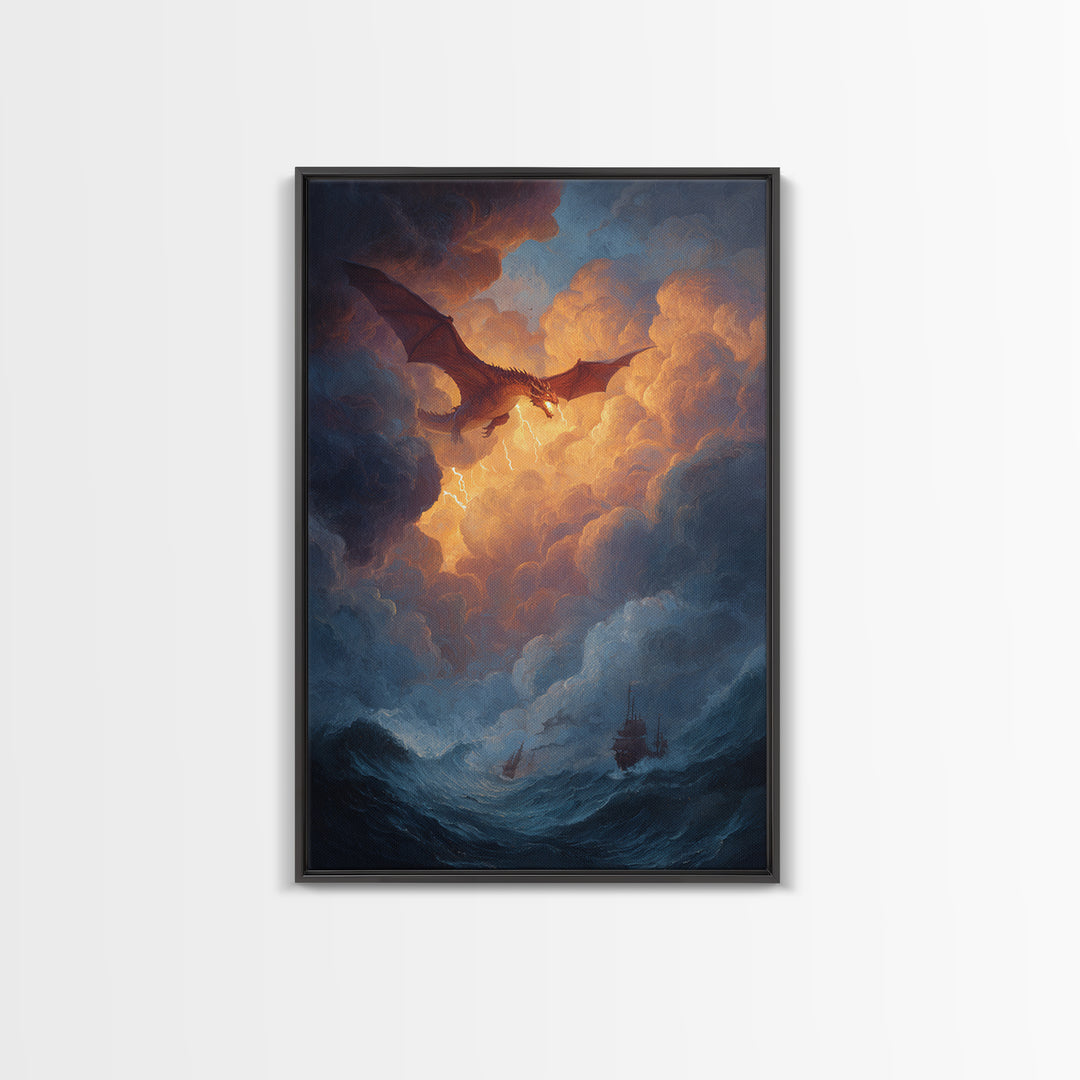 Golden Sky Dragon Above Stormy Sea Framed Canvas Print, Epic Fantasy Wall Art, Ocean Seascape Decor, Dragon Gift For Him