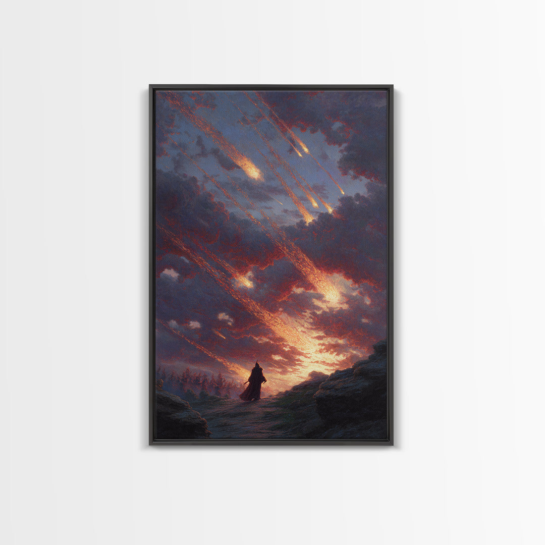Falling Meteors Over Lone Traveler Wall Art, Apocalyptic Fantasy Canvas Print, Dark Landscape Decor, Dramatic Sky Art Gift