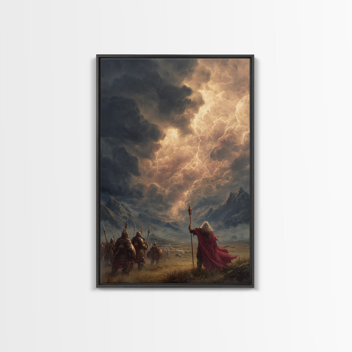 Warrior Army And Lightning Mage Framed Canvas Print, Epic Fantasy Wall Art, Mountain Landscape Decor, Viking Gift For Him