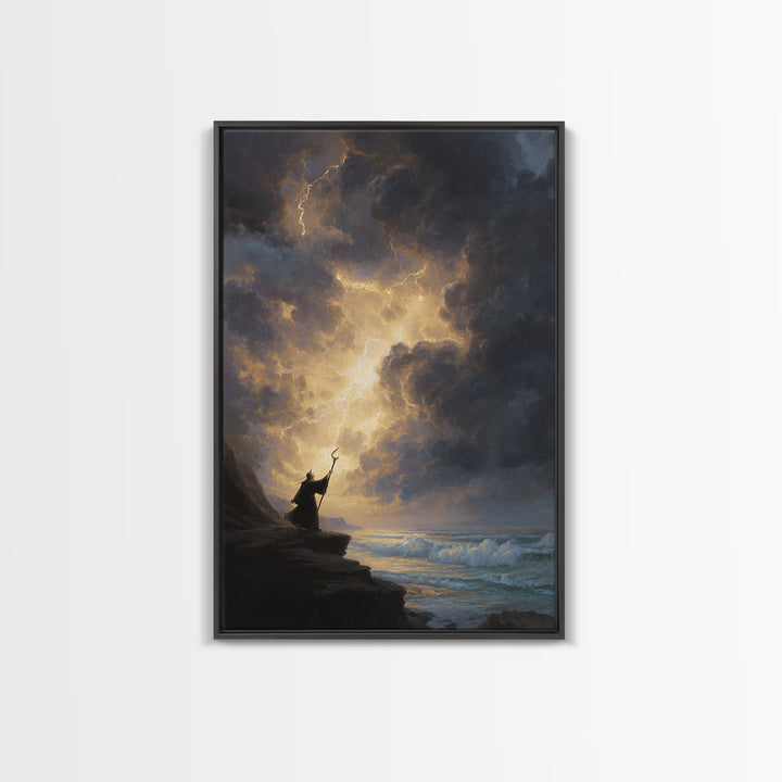 Storm Wizard On Sea Cliff Wall Art, Lightning Sky Canvas Print, Dark Fantasy Seascape Decor, Gothic Coastal Gift For Him