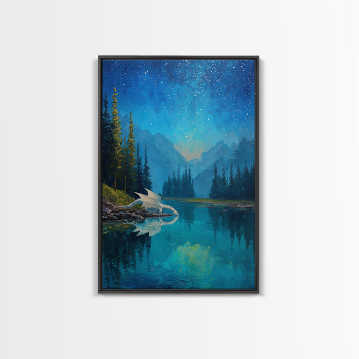 White Dragon Beside Starry Alpine Lake Wall Art, Fantasy Landscape Canvas Print, Blue Nature Decor, Dragon Nursery Gift For Kids