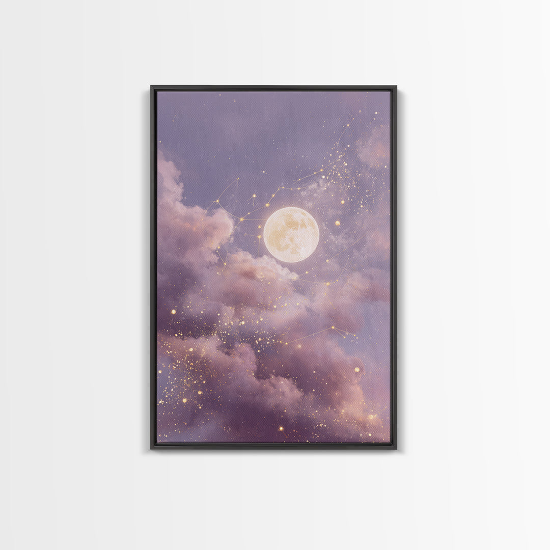 Glowing Moon And Star Cloud Wall Art, Lavender Celestial Canvas, Zodiac Constellation Decor, Dreamy Bedroom Print For Her