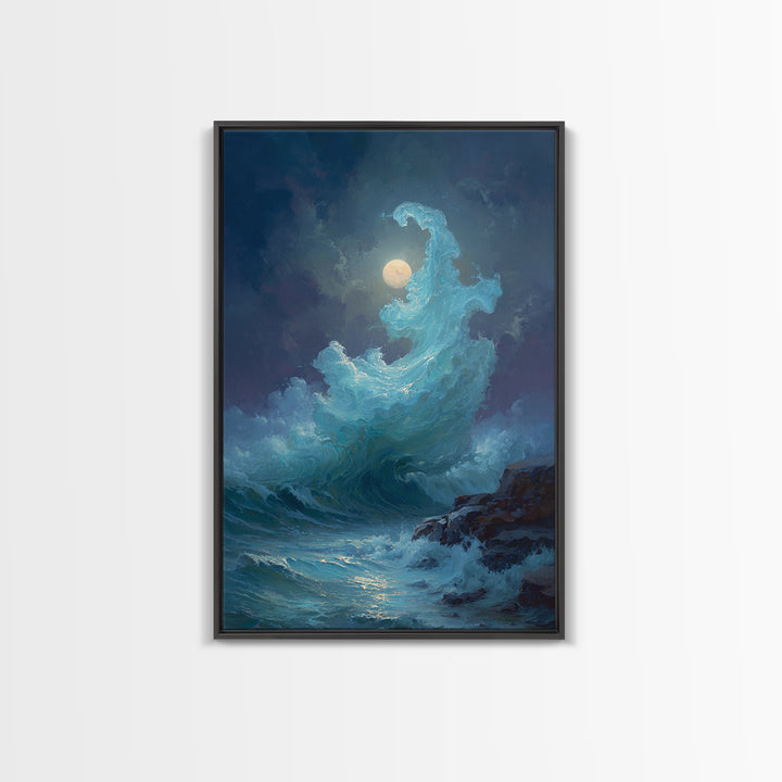 Moonlit Turquoise Wave Canvas Print, Dramatic Ocean Seascape Wall Decor, Coastal Fantasy Art For Bedroom And Living Room